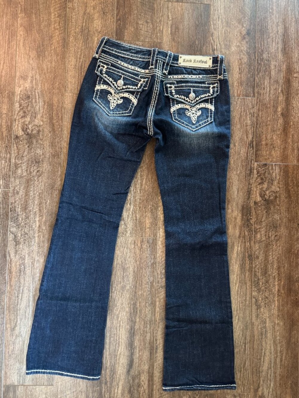 Rock Revival Jenna Boot Cut Jeans Dark Wash Thick Stitch Fleur de Lis Size 28 - Picture 3 of 11
